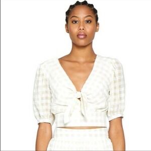 Walter Baker Gingham Seersucker Puff Sleeve Crop Top Front Tie Blouse XL